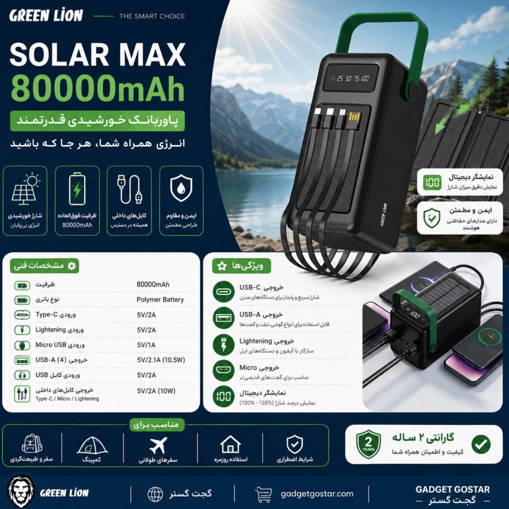 اینفوگرافیک و مشخصات پاوربانک گرین لاین Solar Max 80000