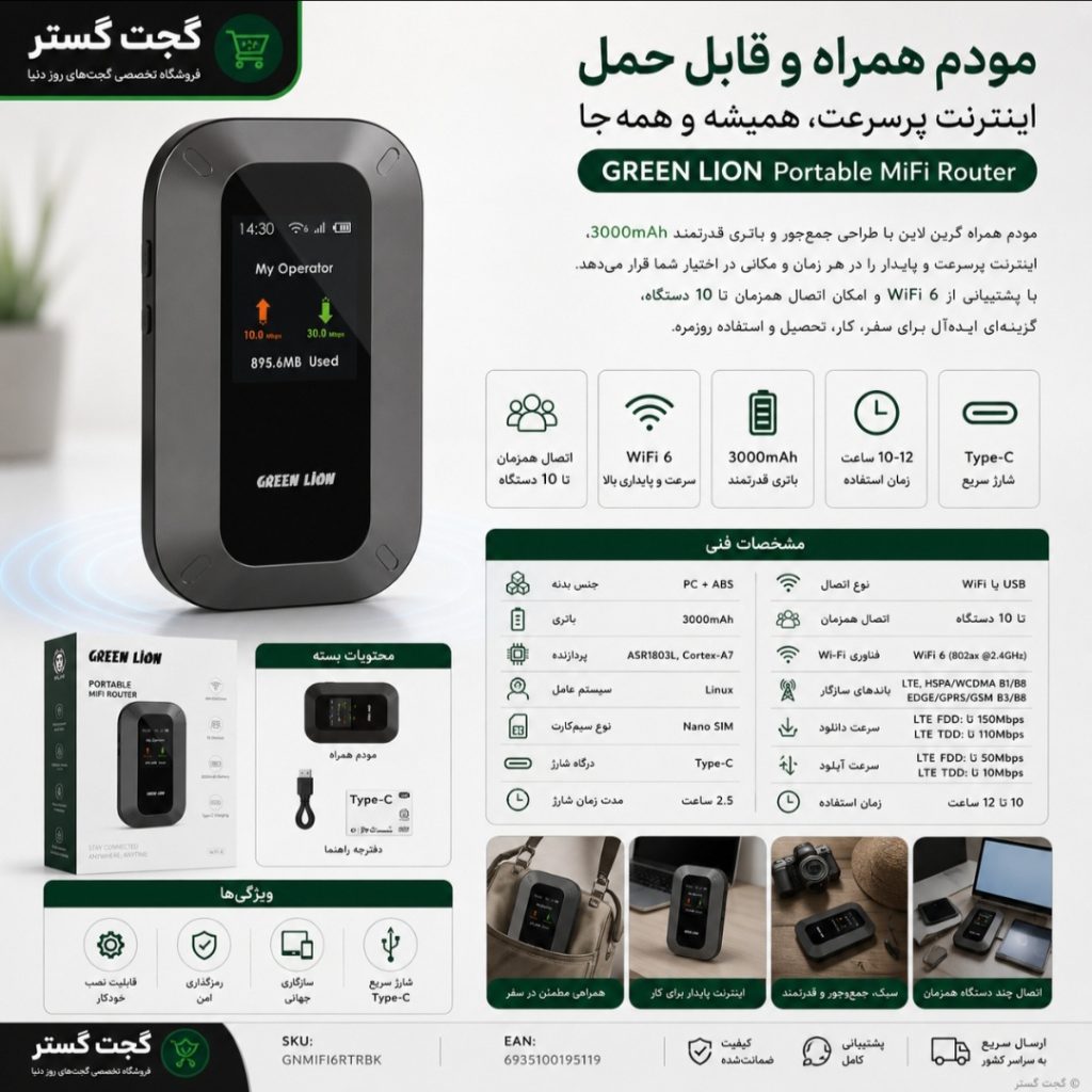 اینفوگرافیک ویژگی‌ها و مشخصات مودم قابل حمل گرین لاین