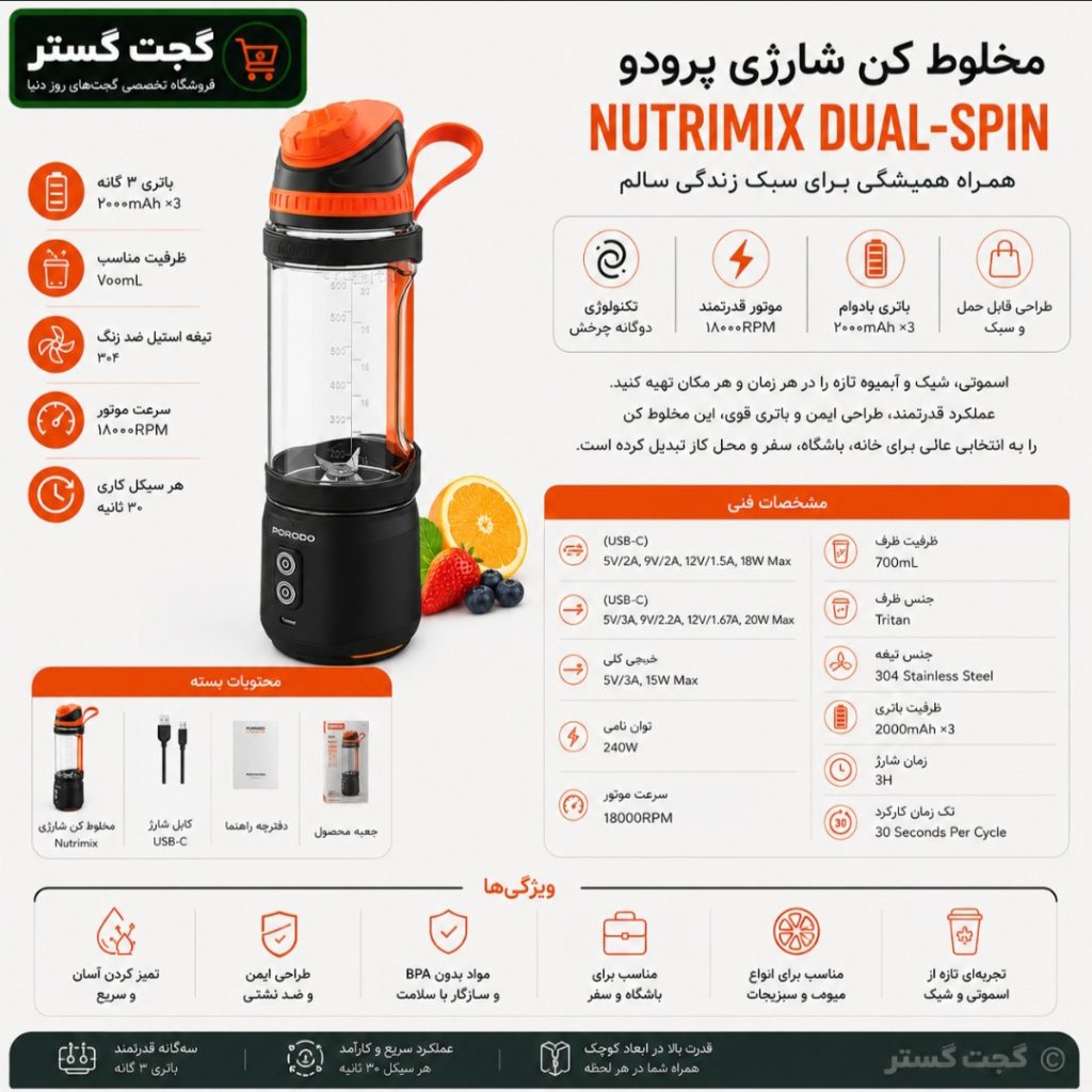 اینفوگرافیک مشخصات مخلوط کن شارژی Nutrimix پرودو شامل باتری 3 گانه