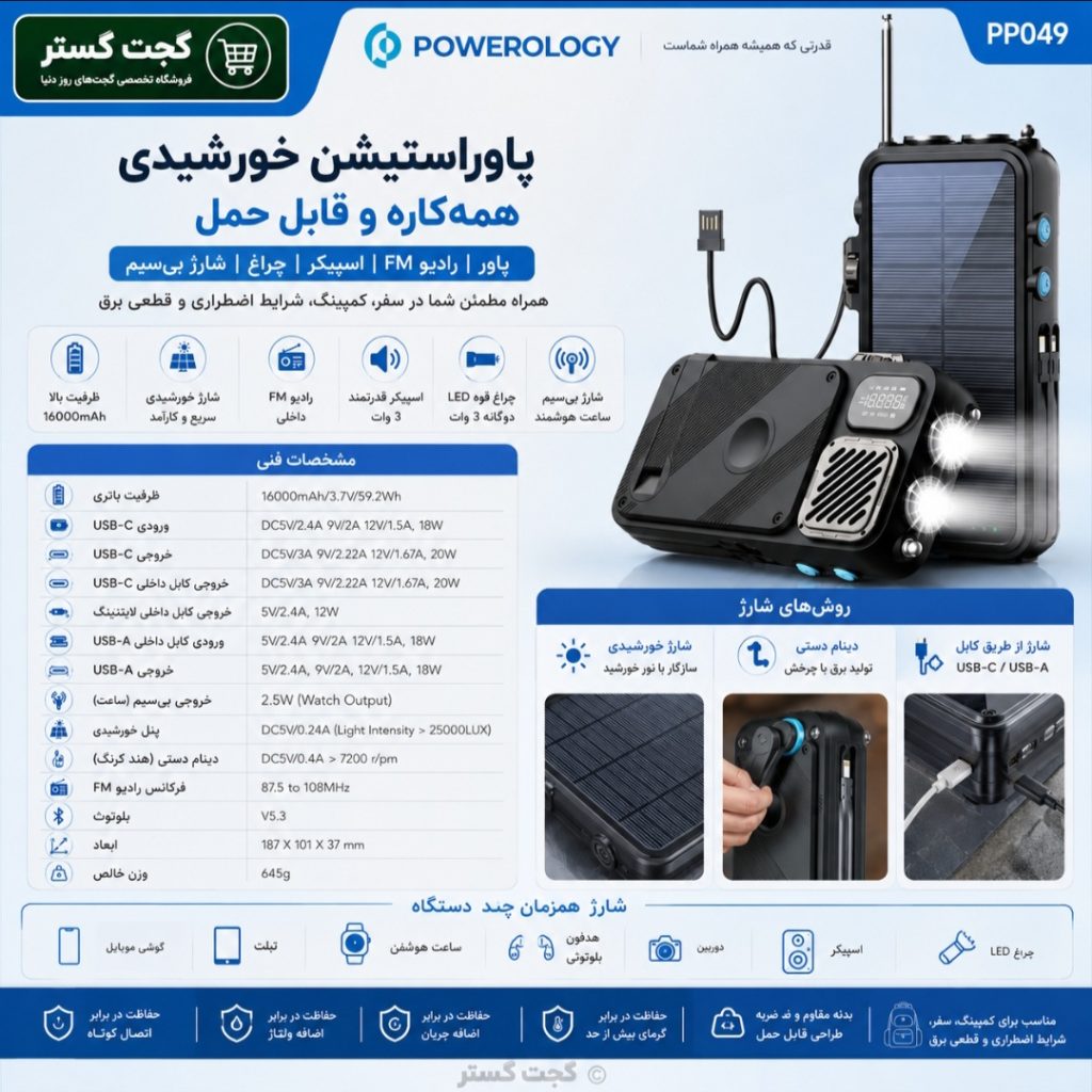 اینفوگرافیک مشخصات پاوربانک خورشیدی پاورولوژی PP049