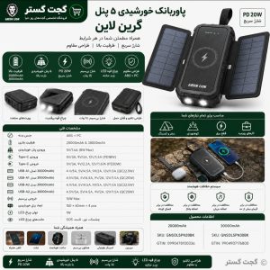 اینفوگرافیک مشخصات پاوربانک خورشیدی گرین لاین PD 20W شامل پنج پنل خورشیدی، شارژ وایرلس و چراغ قوه چندحالته
