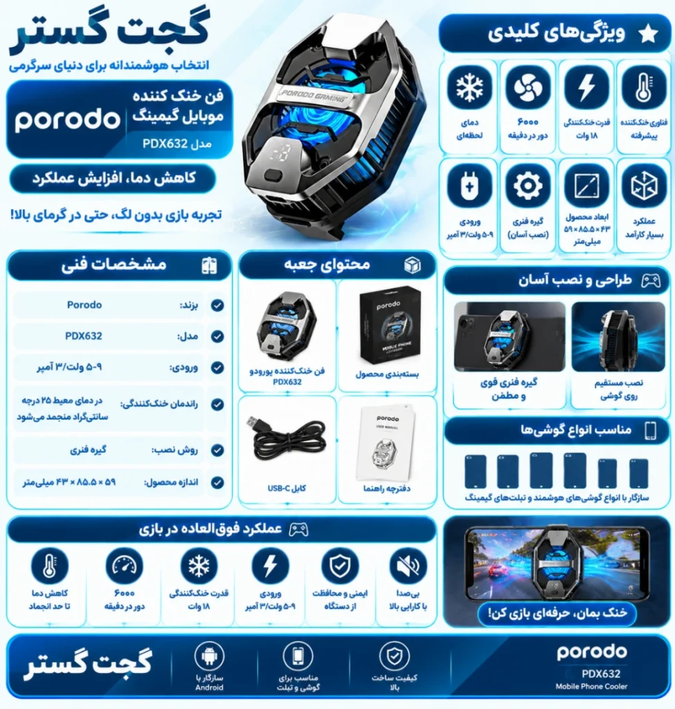 اینفوگرافیک فن خنک کننده موبایل گیمینگ Porodo مدل PDX632