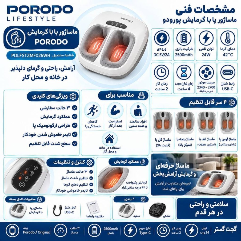 اینفوگرافیک ماساژور پا برقی پرودو Porodo مدل PDLFSTZMF026WH