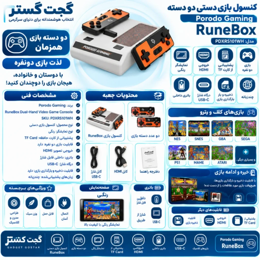 اینفوگرافیک کنسول بازی دستی دو دسته پرودو Porodo RuneBox مدل PDXRS101WH