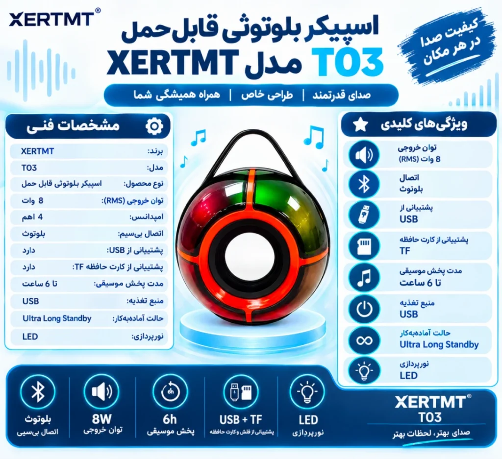 اینفوگرافیک اسپیکر بلوتوثی قابل حمل XERTMT مدل T03 با نورپردازی LED
