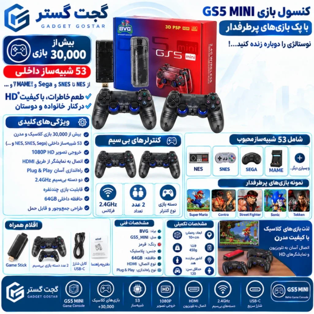 اینفوگرافیک کنسول بازی رترو GS5 Mini برند BVG با ۶۴ گیگابایت حافظه و بیش از ۳۰۰۰۰ بازی