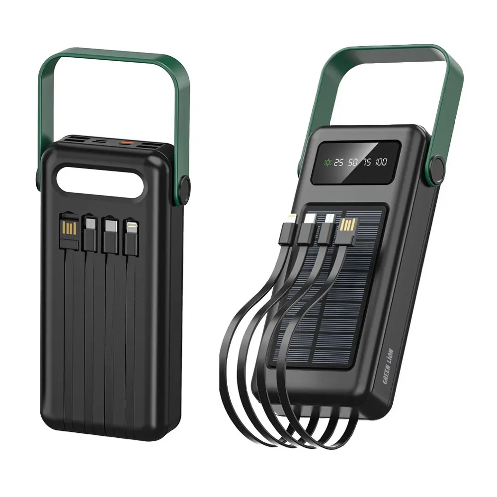 پاوربانک خورشیدی گرین لاین Solar Max از نمای پشت و جلو با کابل های آن