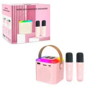 سیستم کارائوکه بلوتوثی کودک مدل C77530 با دو میکروفون بی‌سیم و نورپردازی RGB