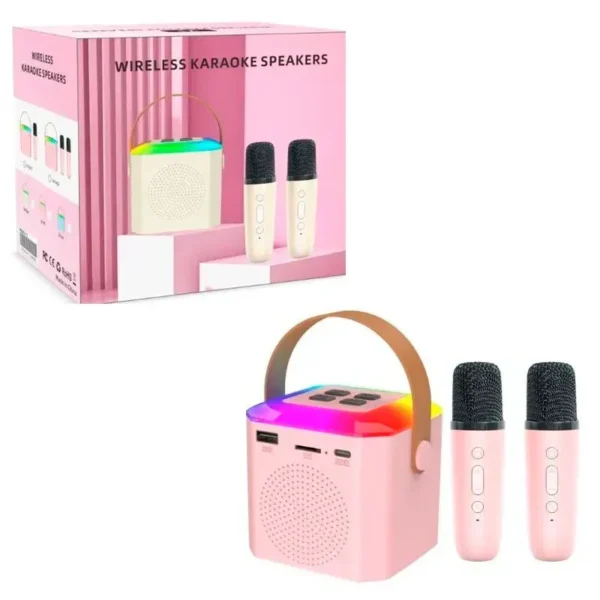 سیستم کارائوکه بلوتوثی کودک مدل C77530 با دو میکروفون بی‌سیم و نورپردازی RGB