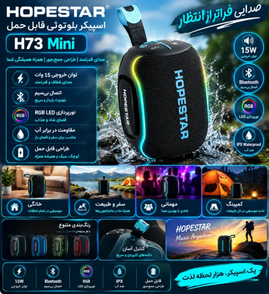 اینفوگرافیک اسپیکر بلوتوثی قابل حمل هوپ استار HOPESTAR مدل H73 Mini با توان ۱۵ وات