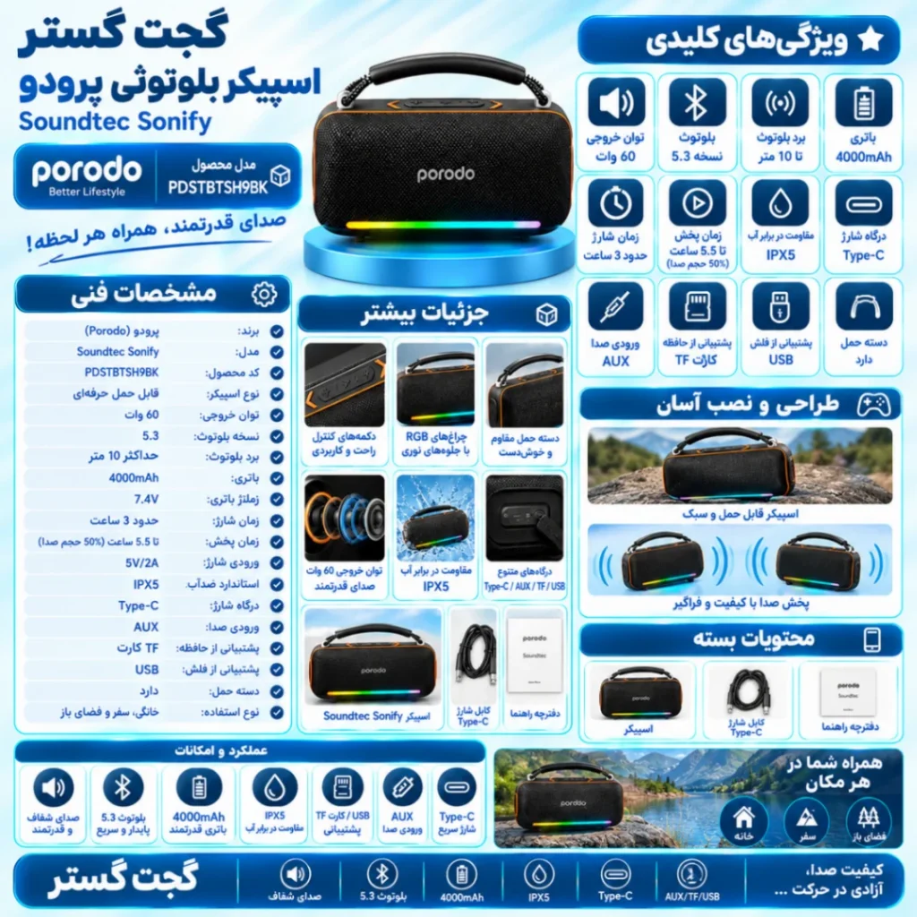 اینفوگرافیک اسپیکر بی‌سیم قابل حمل پرودو Porodo Soundtec Sonify با توان ۶۰ وات