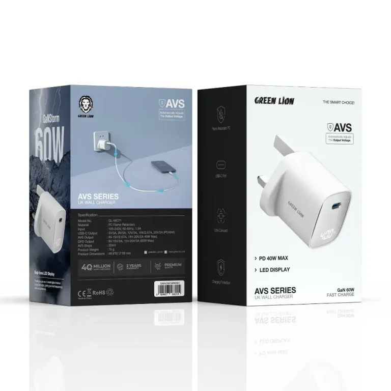 جعبه شارژر دیواری گرین لاین Green Lion AVS GaN توان ۶۰ وات مدل GNAVSWC60WWH