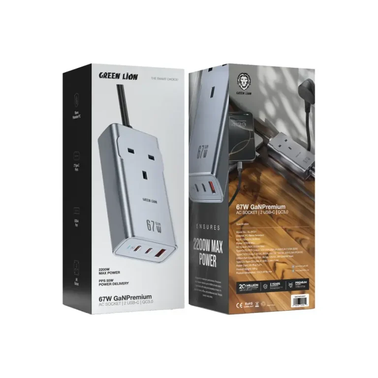 جعبه شارژر دیواری ۶۷ وات گرین لاین Greenlion با ۲ پورت Type-C و USB-A