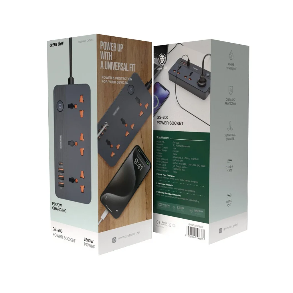 جعبه چندراهی و محافظ برق گرین لاین Green Lion GS-200 توان ۲۵۰۰ وات مدل GNGS200PSBK