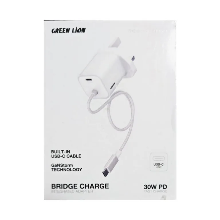 شارژر گرین لاین Green Lion GaN توان ۳۰ وات با کابل سرخود مدل GNBRGAN30WWH