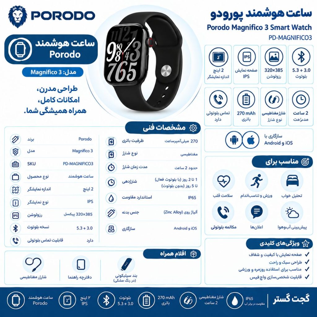 اینفوگرافیک ساعت هوشمند پرودو Magnifico 3 با نمایشگر 2 اینچی IPS مدل PD-MAGNIFICO3