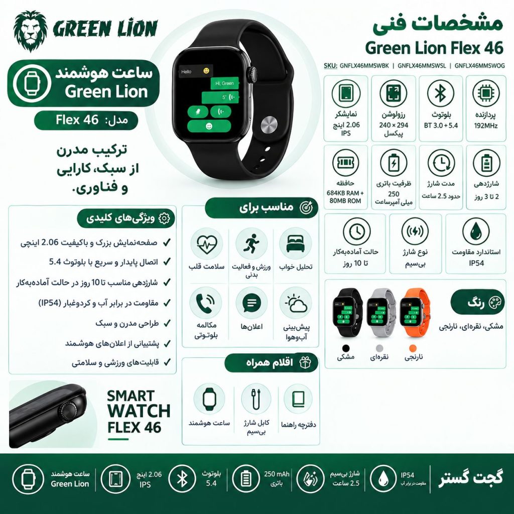 اینفوگرافیک ساعت هوشمند گرین لاین Flex 46 با نمایشگر 2.06 اینچی IPS