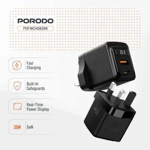 جعبه شارژر دیواری پرودو Porodo GaN دو پورت ۳۵ وات با نمایشگر توان هوشمند مدل PDFWCH073