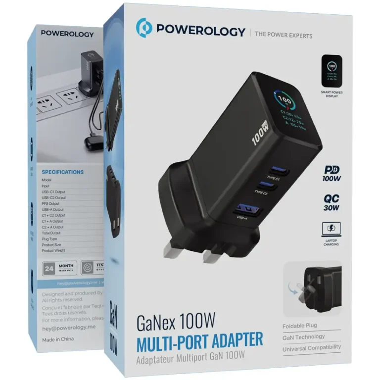 جعبه آداپتور شارژر پاورولوژی Powerology سری GaNex ظرفیت ۱۰۰ وات مدل PWC2418BK