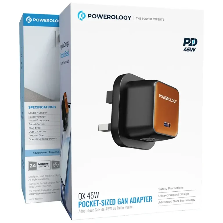 جعبه شارژر دیواری ۴۵ وات پاورولوژی Powerology QX GaN با فناوری GaN