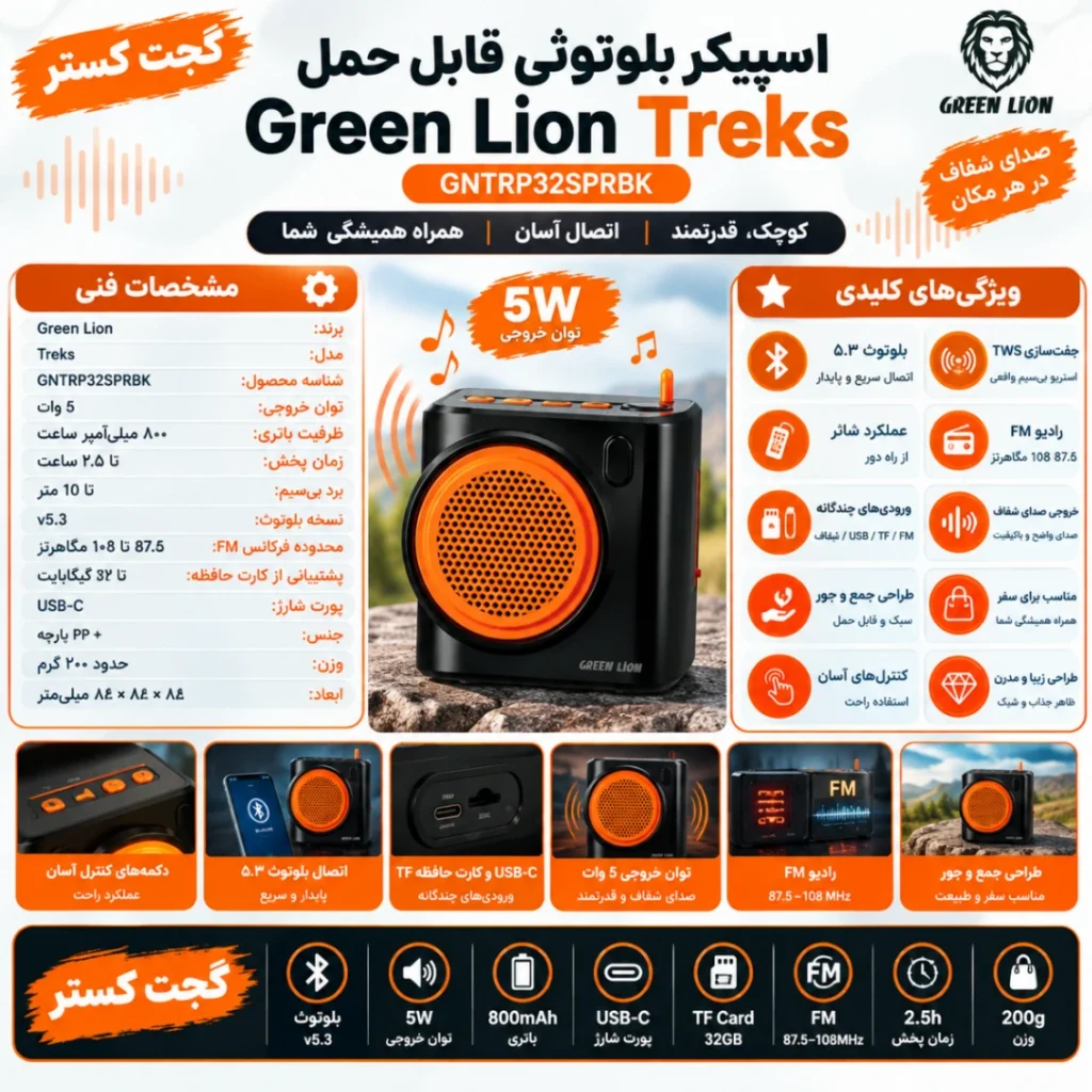 اینفوگرافیک اسپیکر قابل حمل گرین لاین Greenlion مدل Treks