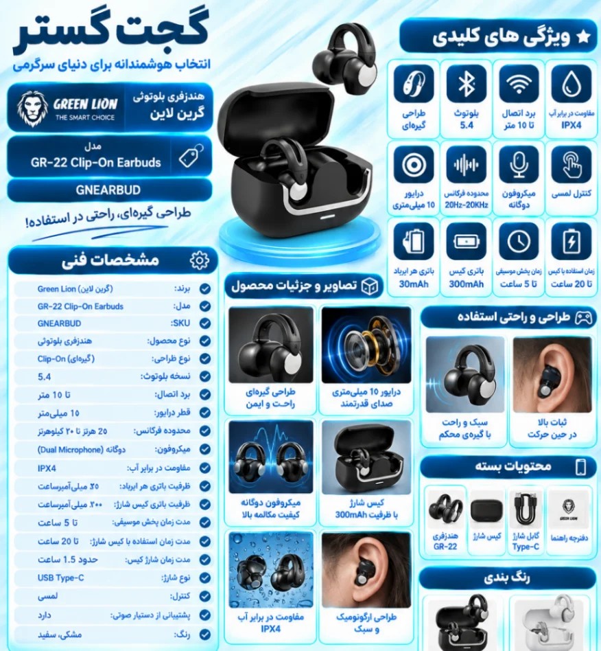اینفوگرافیک هندزفری بلوتوثی کلیپسی گرین لاین Greenlion GR-22