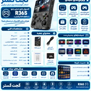 اینفوگرافیک کنسول بازی دستی رترو R36S با حافظه ۶۴ گیگابایت