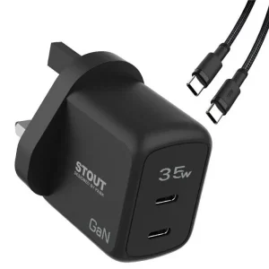 شارژر دیواری ۳۵ وات پاوا Pawa مدل Stout GaN با دو پورت USB-C و کابل همراه