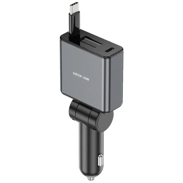 شارژر فندکی ۷۵ وات گرین لاین Green Lion مدل GNRT75WCCGY با کابل USB-C جمع‌شونده