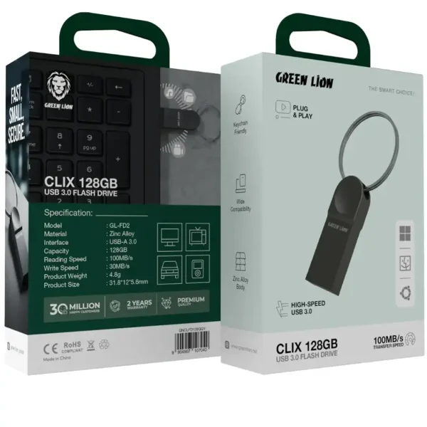 جعبه فلش مموری گرین لاین Green Lion Clix USB 3.0 ظرفیت 128 گیگابایت مدل GNCLFD128GGY