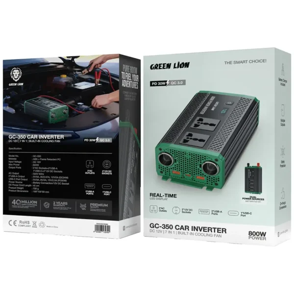 جعبه اینورتر خودرو ۸۰۰ وات گرین لاین مدل GC-350 GNGC350CRIN با گیره باتری