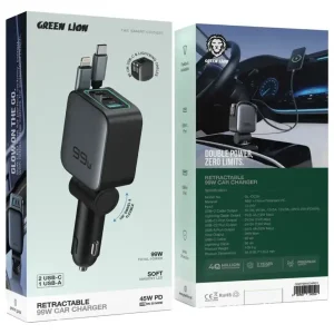 جعبه شارژر فندکی ۹۹ وات گرین لاین Green Lion مدل Retractable GL-CC26 با دو کابل جمع‌شونده