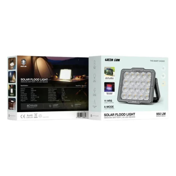 پروژکتور خورشیدی گرین لاین مدل GNFL13SOLGTBK با باتری ۴۸۰۰ میلی‌آمپر ساعت و ۴۳ LED