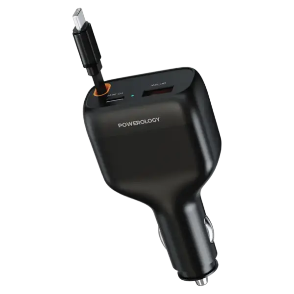 شارژر فندکی ۸۱ وات پاورولوژی Powerology Cyber مدل PCCSR027BK با کابل USB-C جمع‌شونده