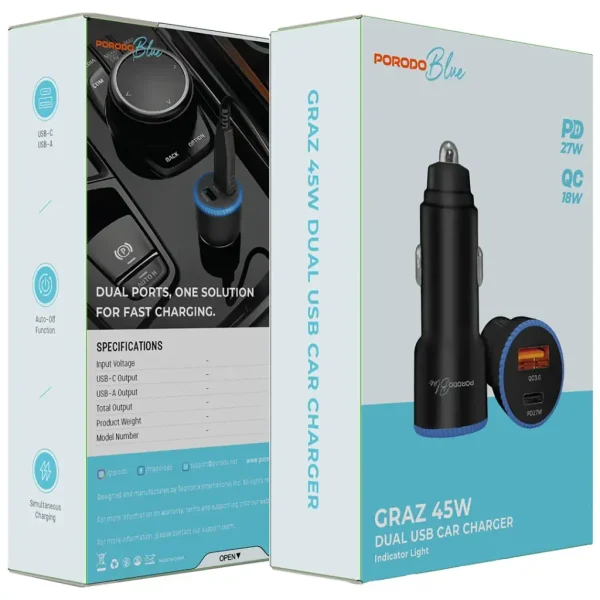جعبه شارژر فندکی ۴۵ وات پرودو Porodo مدل Graz PBCCR51 دو پورت USB-C و USB-A