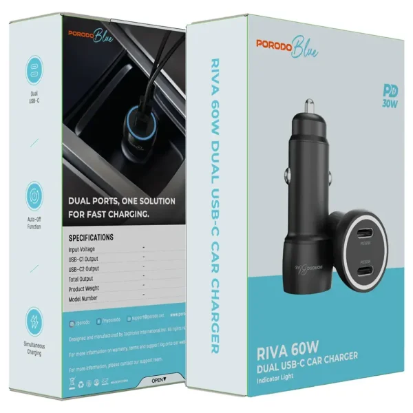 جعبه شارژر فندکی ۶۰ وات پرودو Porodo Riva با دو پورت USB-C و کابل همراه