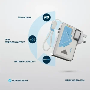 مشخصات شارژر دیواری و پاوربانک وایرلس ۱۰۰۰۰ میلی‌آمپر پاورولوژی Powerology MagSafe مدل PPBCHA80 اورجینال