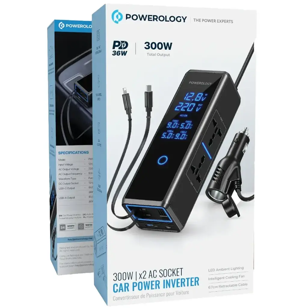 جعبه اینورتر فندکی خودرو ۳۰۰ واتی پاورولوژی مدل Powerology PWCPI300W با نمایشگر و کابل جمع‌شونده