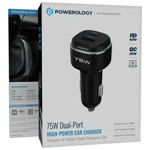 شارژر فندکی دو پورت ۷۵ وات پاورولوژی مدل PCCSR024BK با USB-C و USB-A