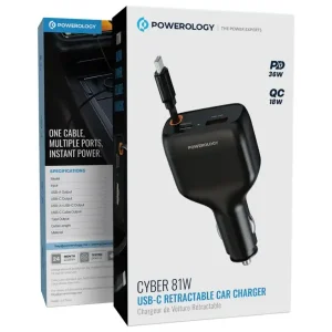 جعبه شارژر فندکی ۸۱ وات پاورولوژی Powerology Cyber مدل PCCSR027BK با کابل USB-C جمع‌شونده