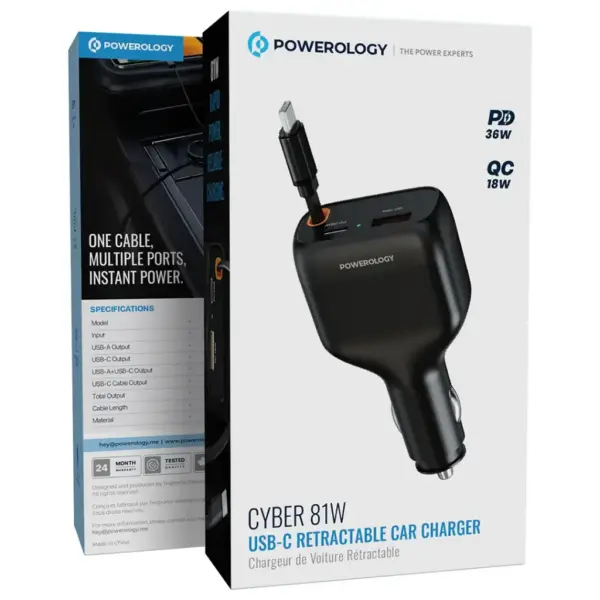 جعبه شارژر فندکی ۸۱ وات پاورولوژی Powerology Cyber مدل PCCSR027BK با کابل USB-C جمع‌شونده