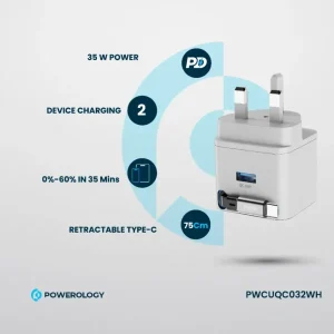 مشخصات شارژر دیواری ۳۵ وات پاورولوژی مدل PWCUQC032WH اورجینال