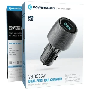 جعبه شارژر فندکی خودرو پاورولوژی مدل Velox 66W PCCSR013 با دو پورت