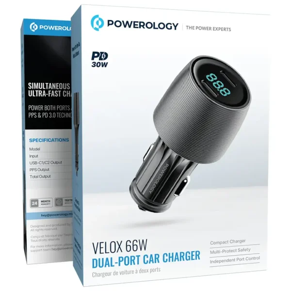 جعبه شارژر فندکی خودرو پاورولوژی مدل Velox 66W PCCSR013 با دو پورت